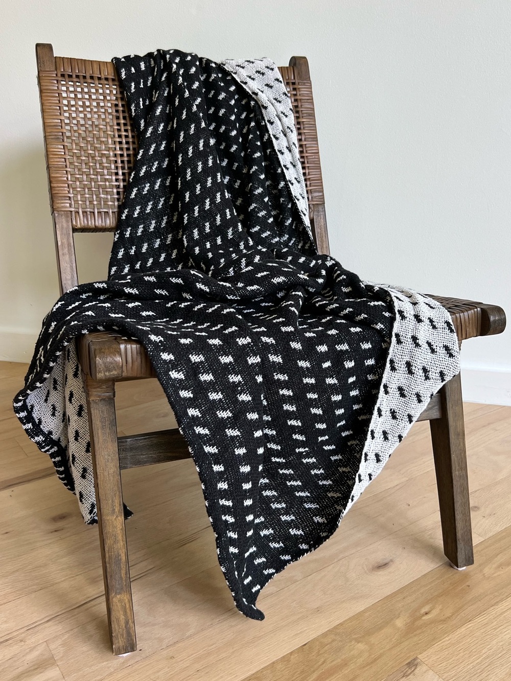 Modern Black White Woven Cotton Throw Blanket Scandinavian Japandi Farmhouse